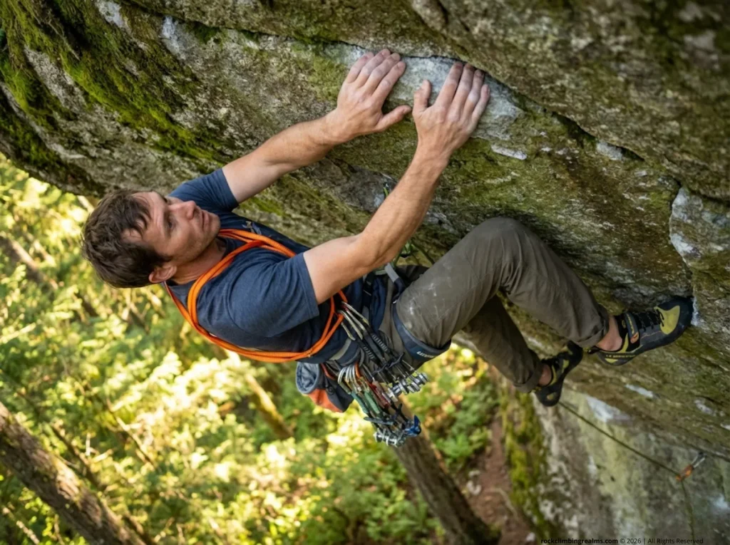Trad climber leading an overhang with Neon Climbing SpeedRack sling cinched in D-modification flat against his torso 