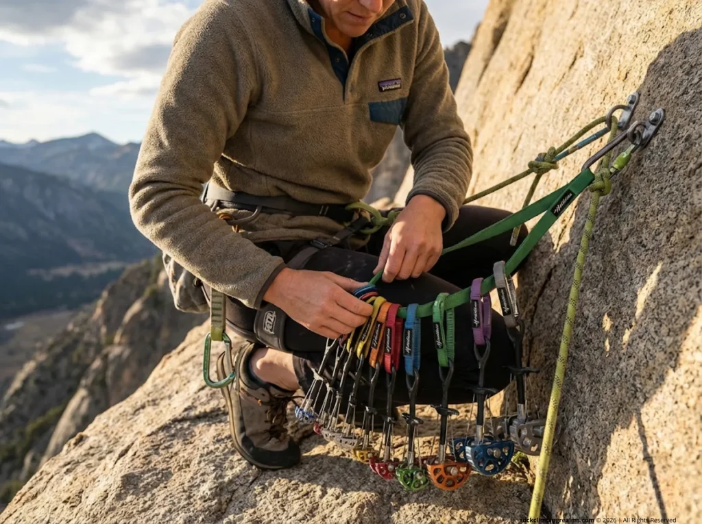 Experienced female climber organizing Metolius cam rack front-to-back on a gear sling at a high alpine belay ledge 