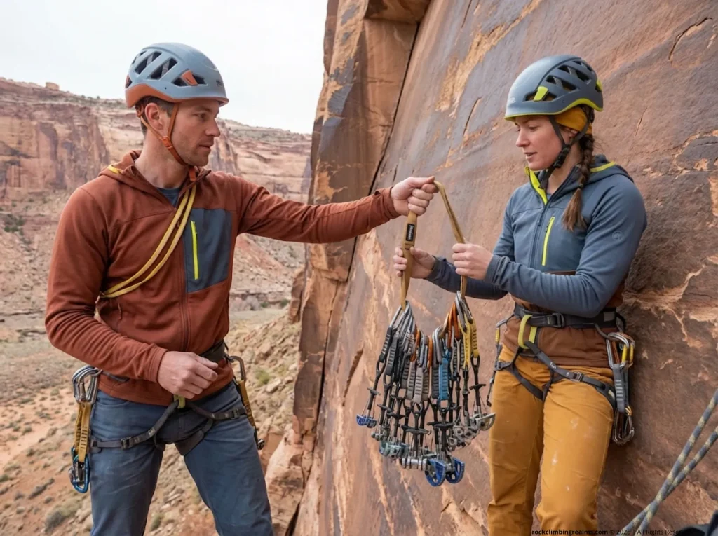 Two trad climbers executing a gear sling hand-off at a hanging belay on Indian Creek sandstone multipitch route 