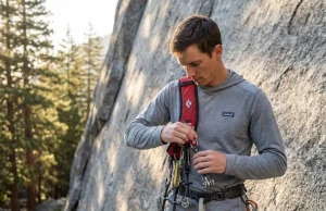 The Gear Sling Trick That Stopped My Trad Fumbles Trad climber racking cams onto a Black Diamond padded gear sling at Yosemite granite wall, golden hour light