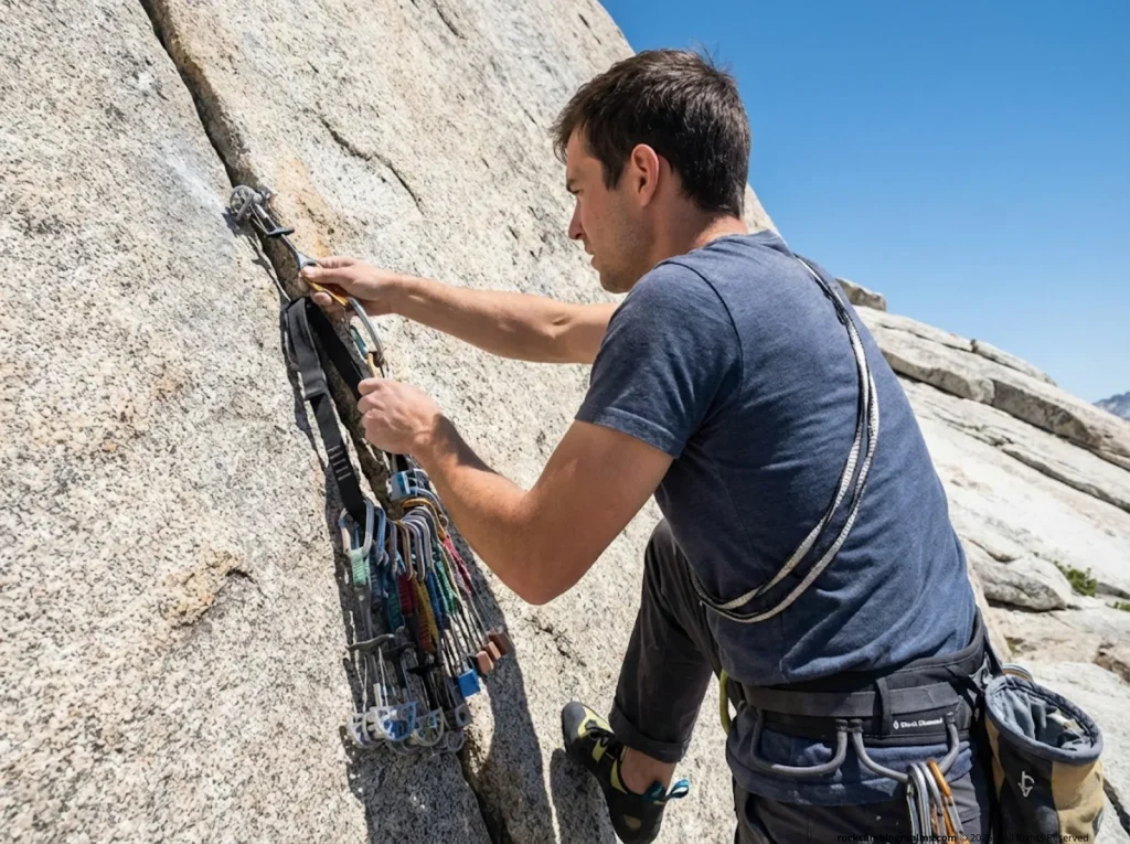 Trad climber seconding a pitch on High Sierra granite, cleaning cams and re-racking them onto a Yates gear sling mid-climb 