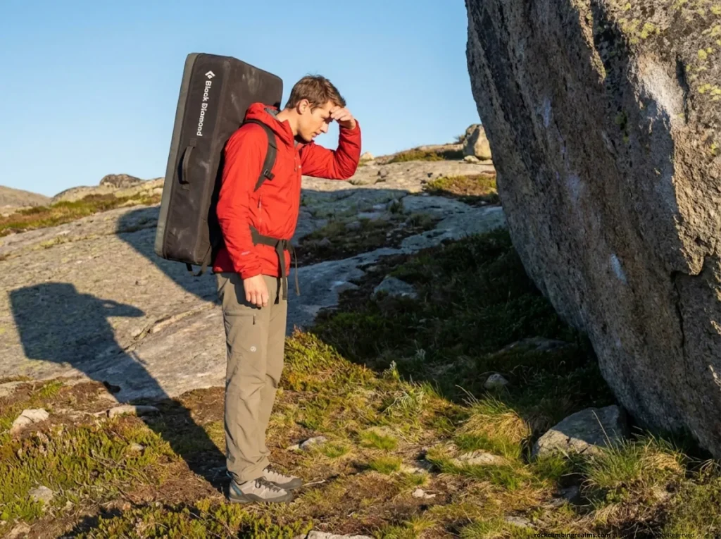 Male boulderer reading landing terrain before placing Black Diamond crash pad, identifying durable surface vs vegetation