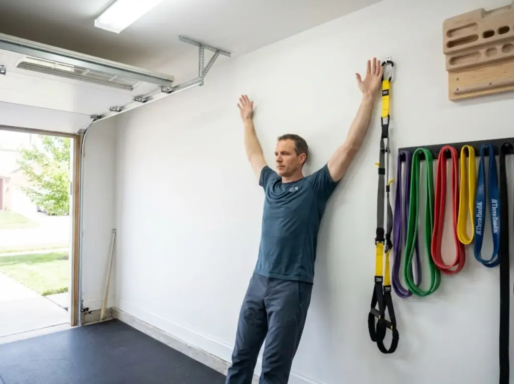 Climber performing wall angel shoulder exercise in home training space