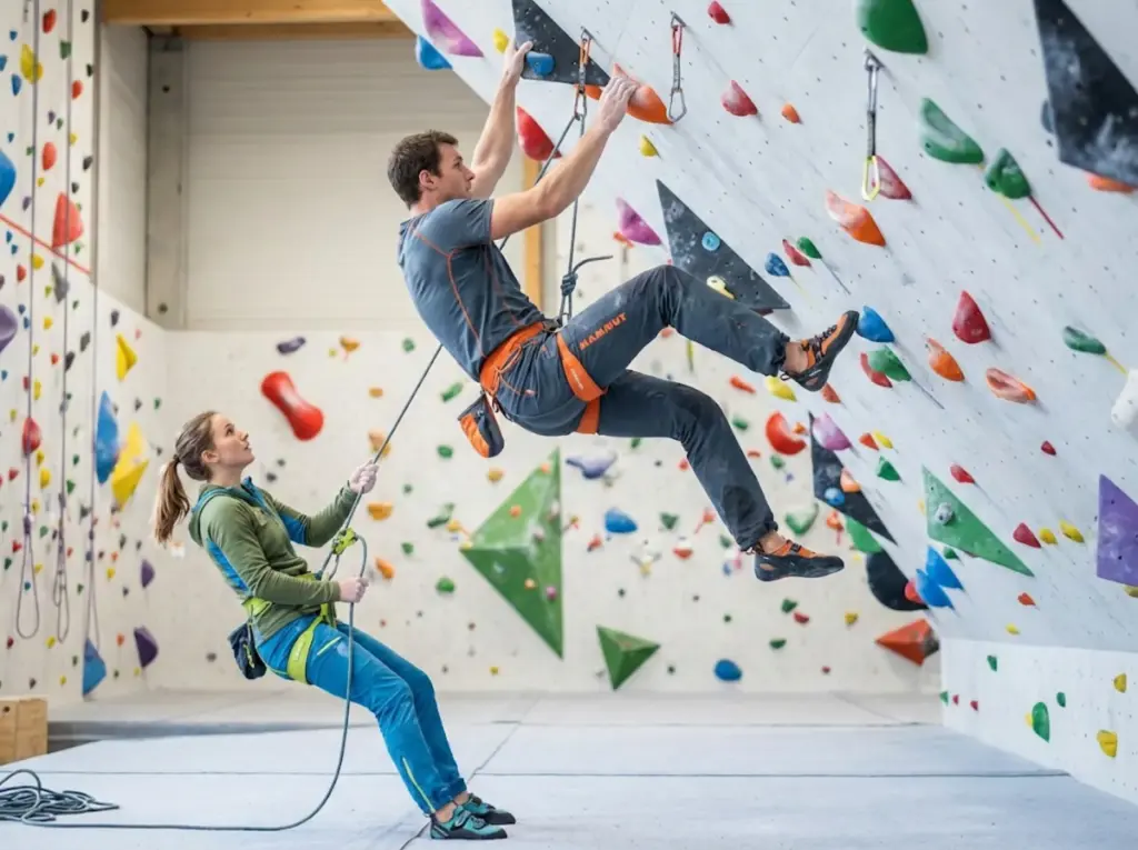 Heavy climber taking lead fall with light belayer braking below in gym setting