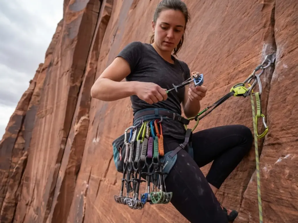 Female climber organizing trad rack at hanging belay on sandstone multi-pitch route