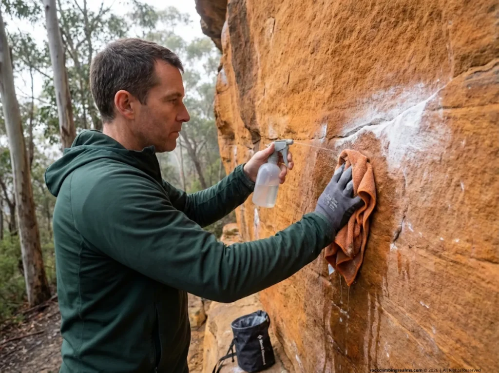 Climber using squirt bottle and towel catch method to clean chalk off sandstone without runoff
