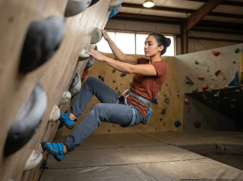 Female climber shaking out forearm during a 4x4 circuit, illustrating anaerobic lactic energy system training