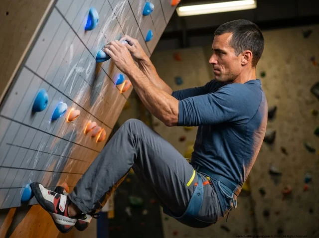 4x4-circuit-endurance-training-climber-hero Climber deep in a 4x4 circuit on a Kilter Board, arms pumped, demonstrating endurance training for climbing