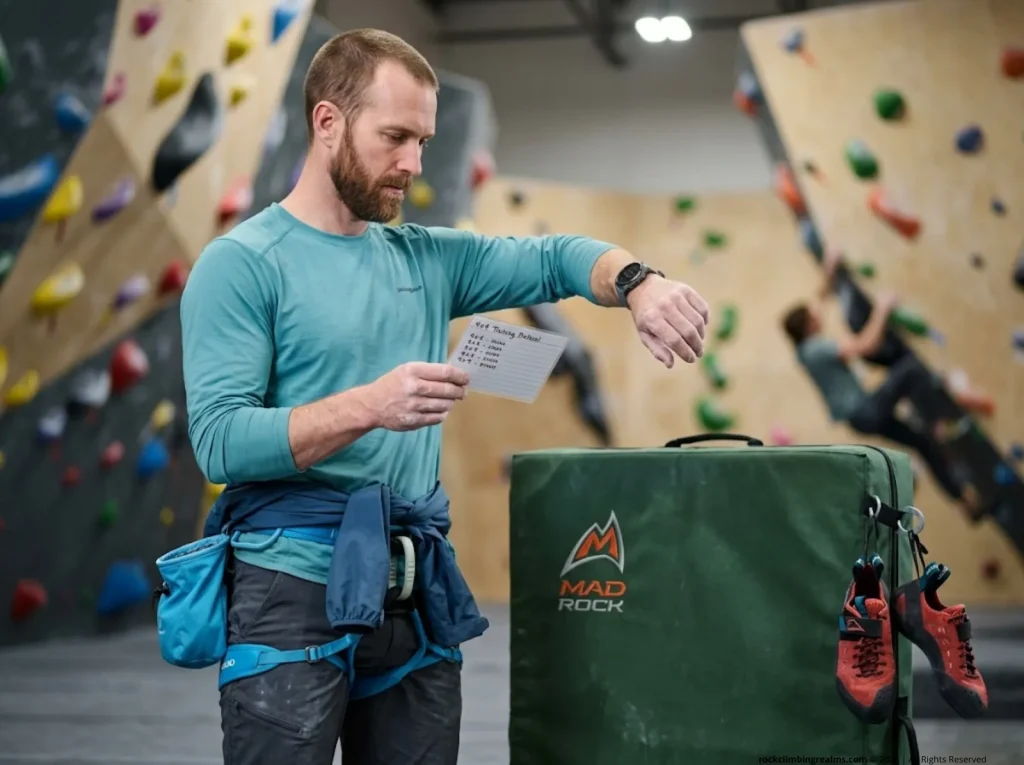 Climber reviewing 4x4 protocol training card with stopwatch, timing rest intervals for power endurance