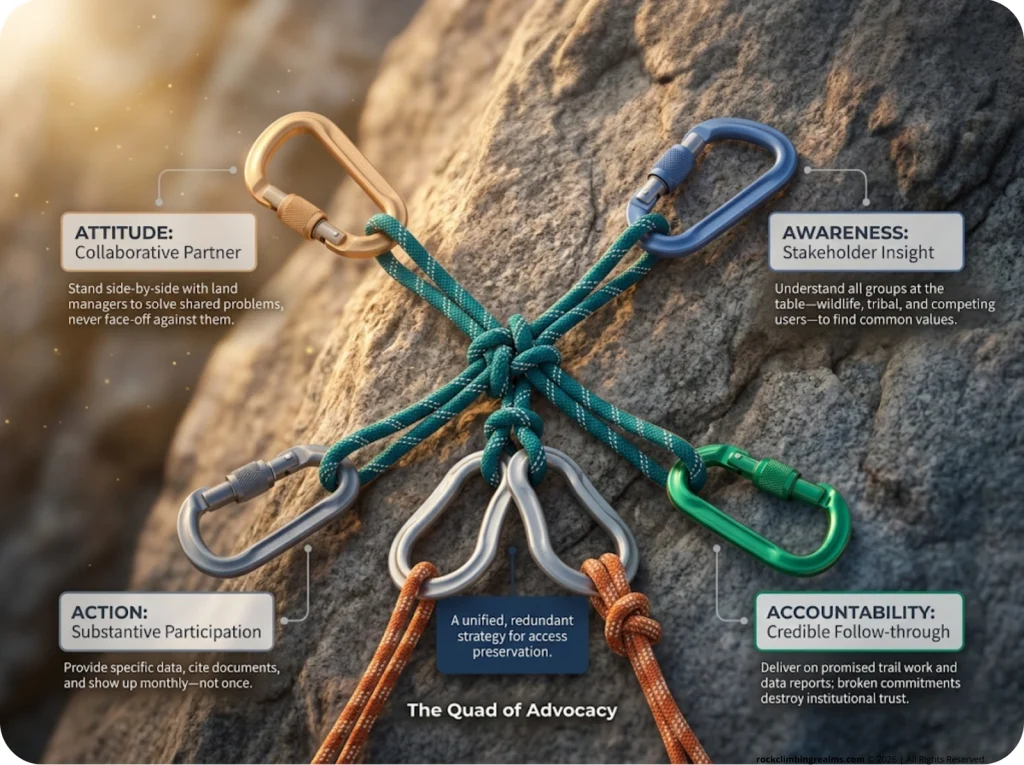 Infographic illustrating the 4 A's of climbing advocacy (Attitude, Awareness, Action, Accountability) as a reinforced anchor quad.