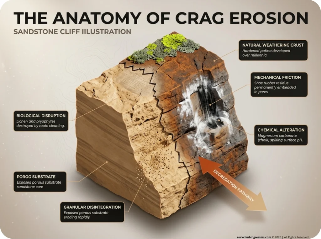 Infographic showing the anatomy of crag erosion with a labeled sandstone cliff cross-section, shoe rubber residue, and chalk deposits