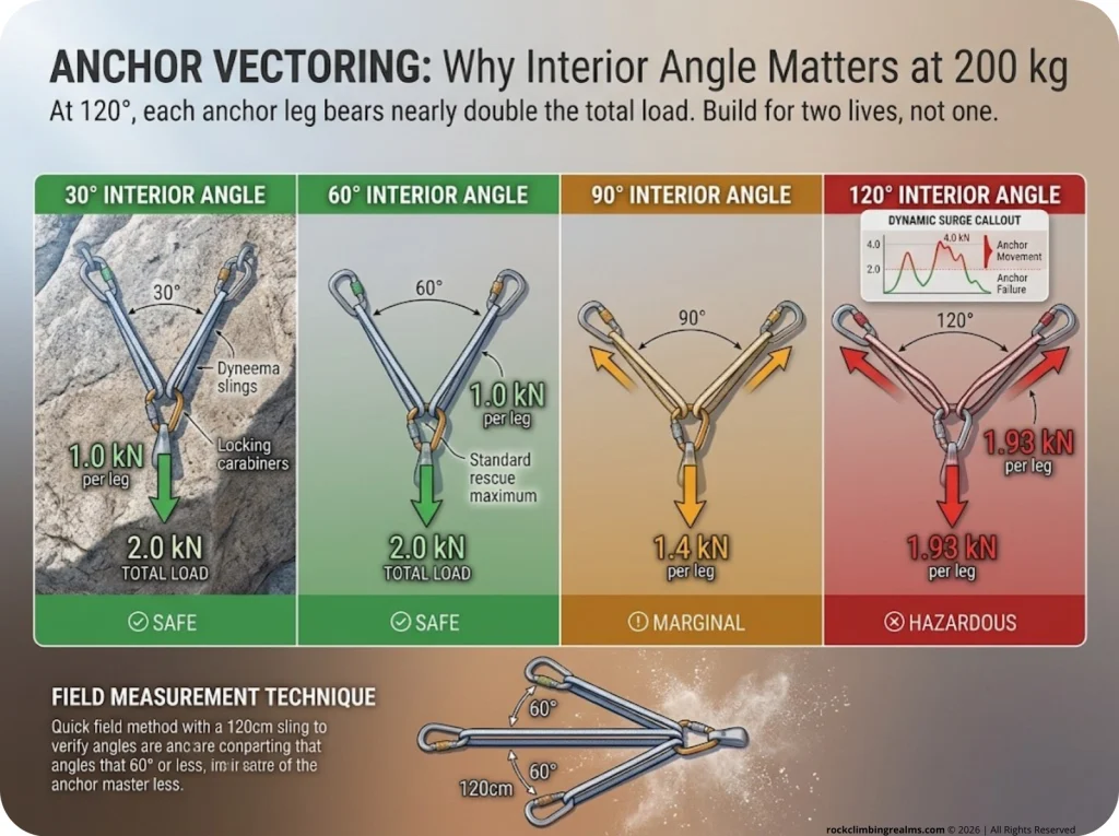 Infographic showing anchor vector forces at 30°, 60°, 90°, 120° angles with kN load per leg at 200kg