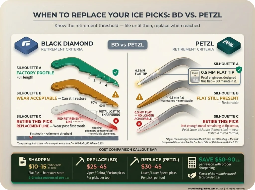 Infographic comparing Black Diamond vs Petzl ice pick retirement criteria with wear limit silhouettes, 0.5mm flat measurement, and cost comparison