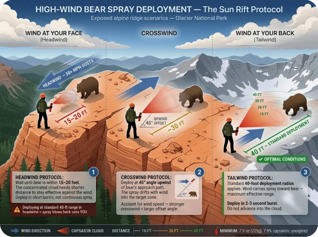 Infographic showing bear spray deployment angles for three wind scenarios on exposed alpine ridges with safety annotations