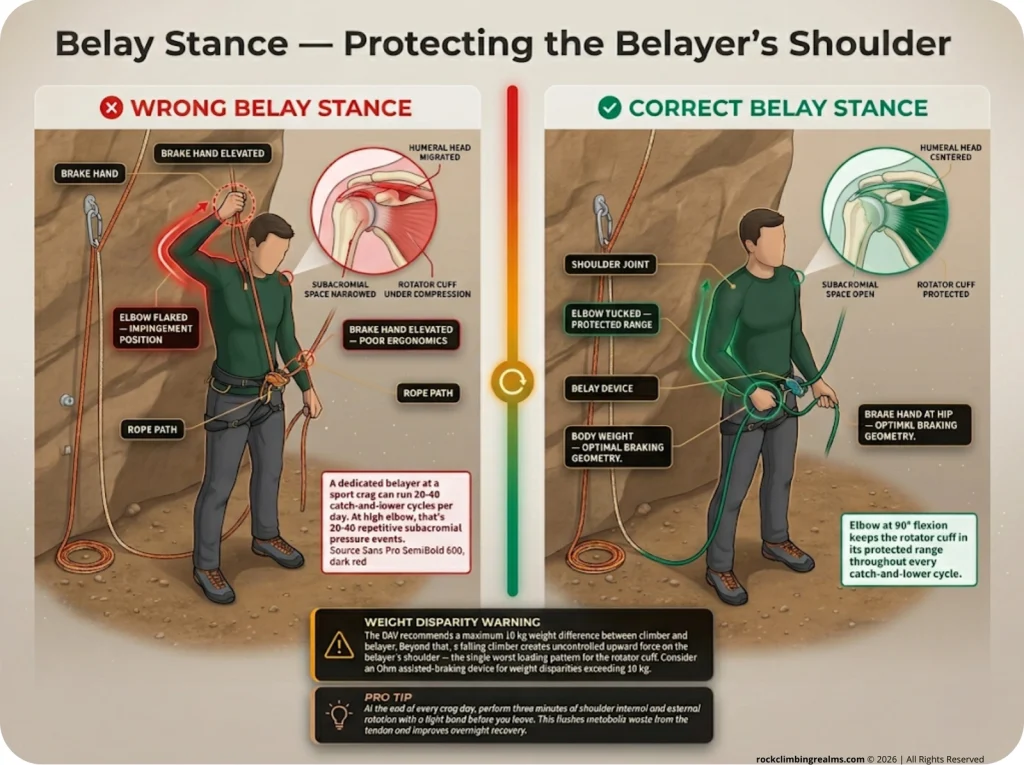 Infographic comparing wrong and correct belay stance with rotator cuff position labels and impingement risk indicators