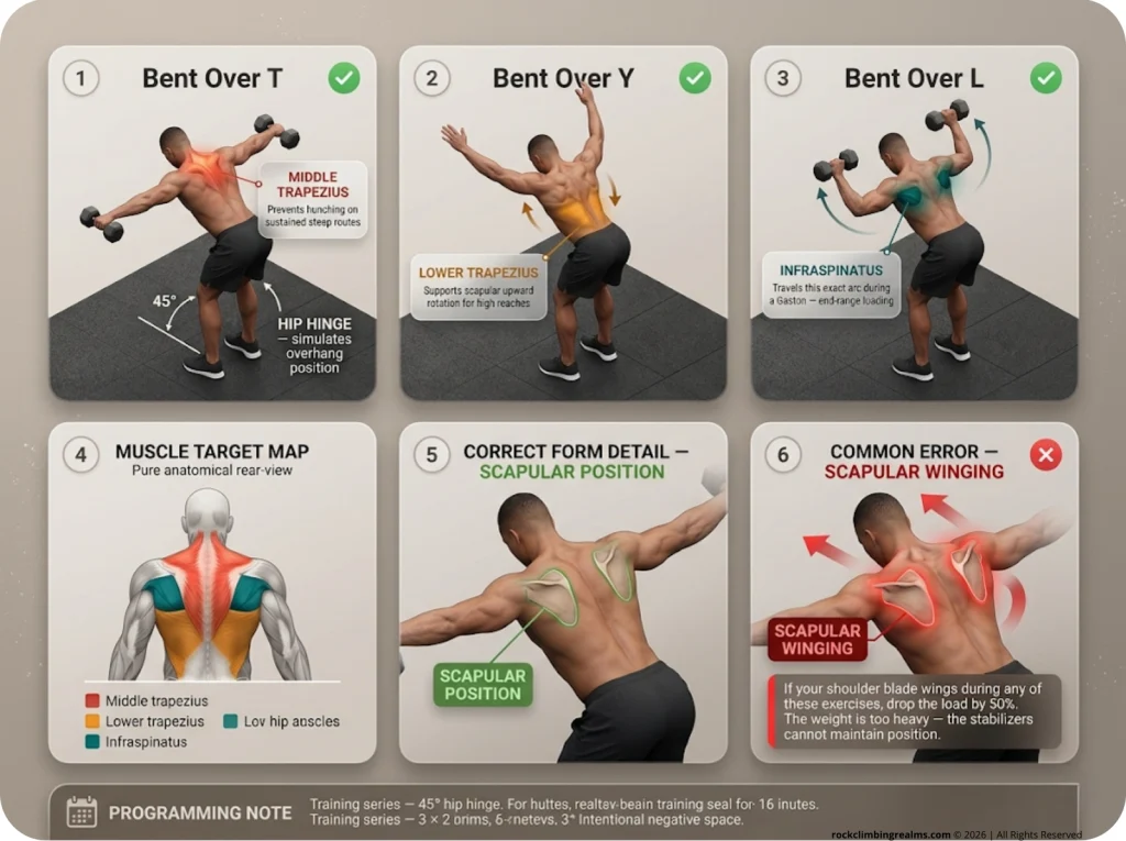 Infographic showing step-by-step Bent Over T, Y, and L shoulder exercises with muscle callouts and scapular winging error