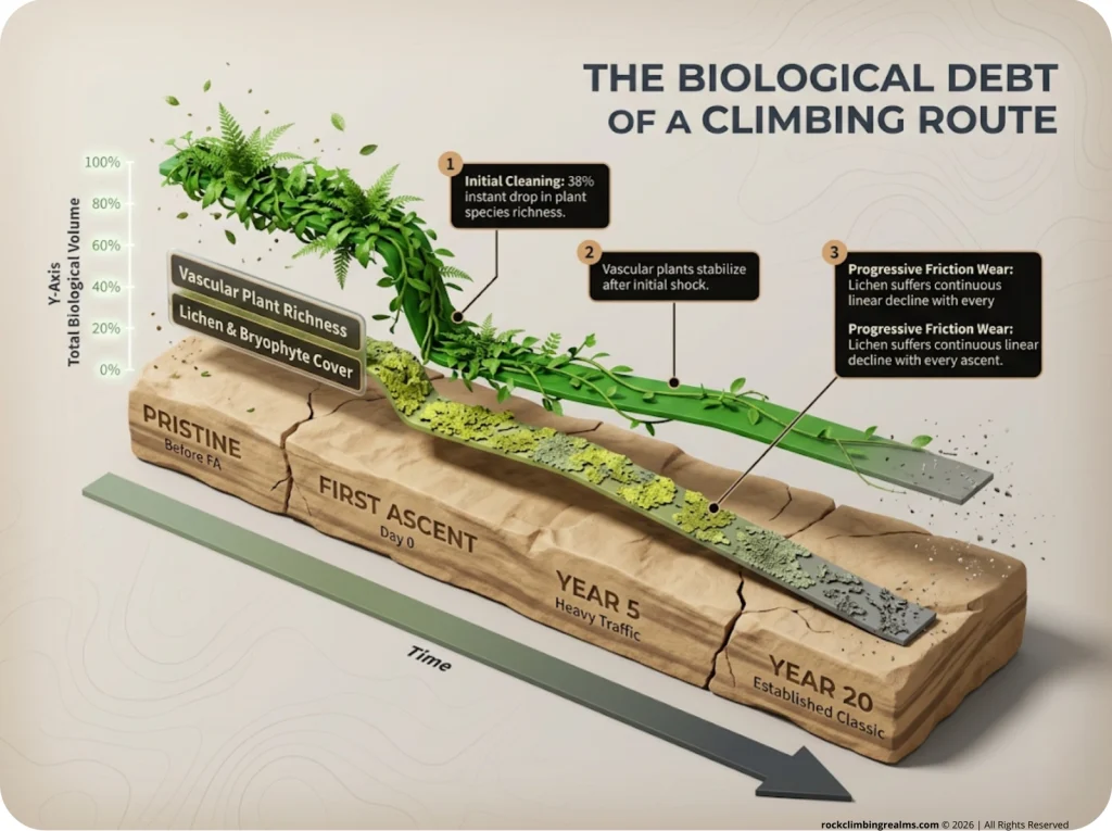 Infographic showing the biological impact timeline of a climbing route tracking plant richness and lichen cover decline