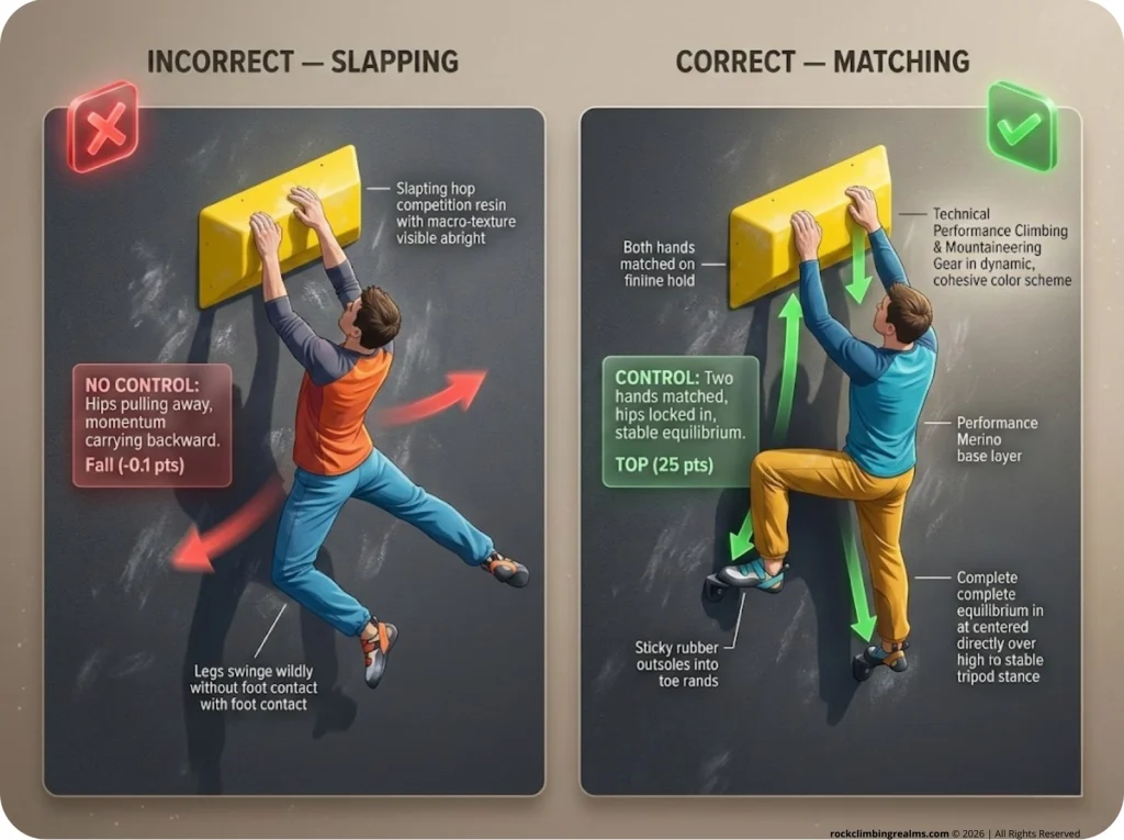 Infographic comparing correct bouldering finish control with stable hips versus incorrect slapping technique with falling momentum