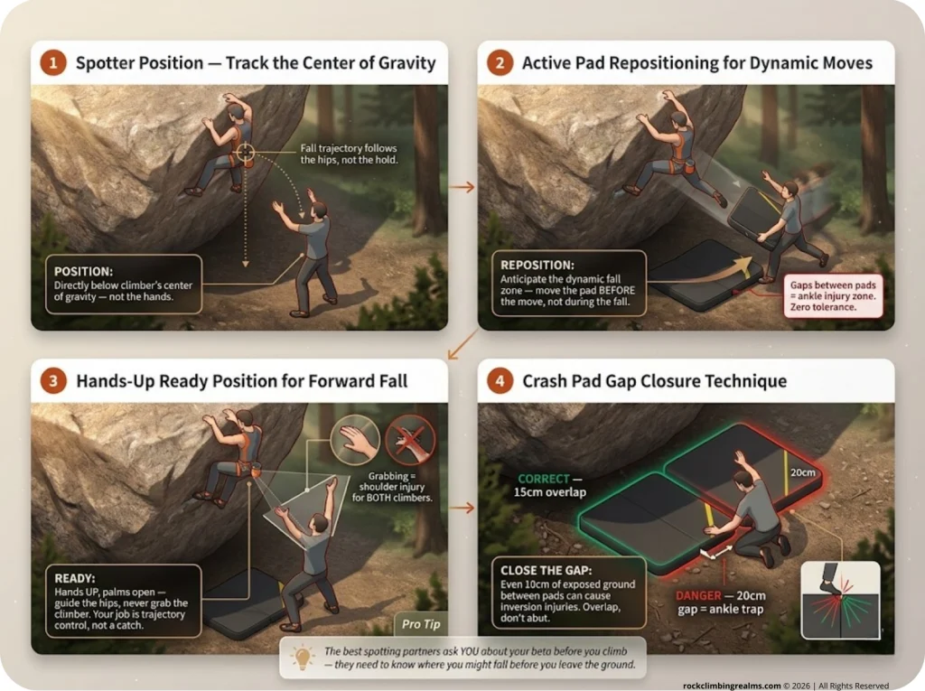 Infographic showing 4 correct bouldering spotting positions with labeled center-of-gravity tracking, pad placement, and hand-ready mechanics