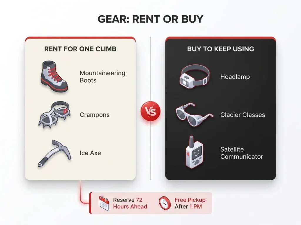 Comparison chart of Mount Shasta gear to rent versus buy at The Fifth Season with rental reservation rules