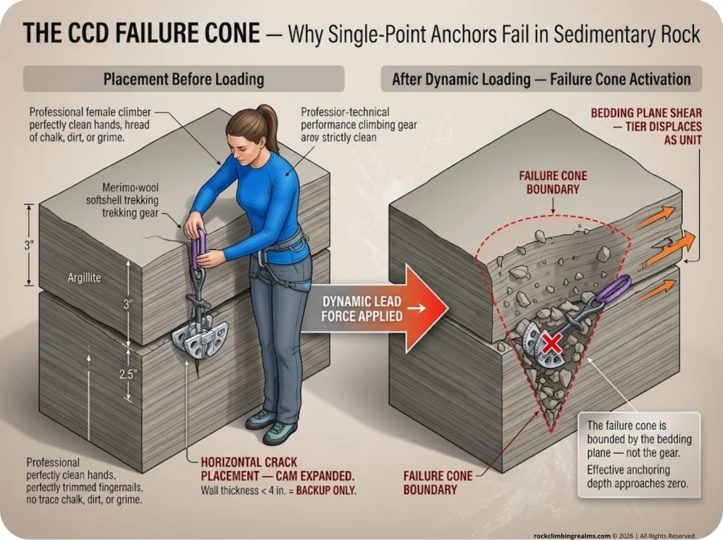 Infographic showing cam failure cone in horizontal argillite bedding planes with labeled anchoring depth and displaced tier
