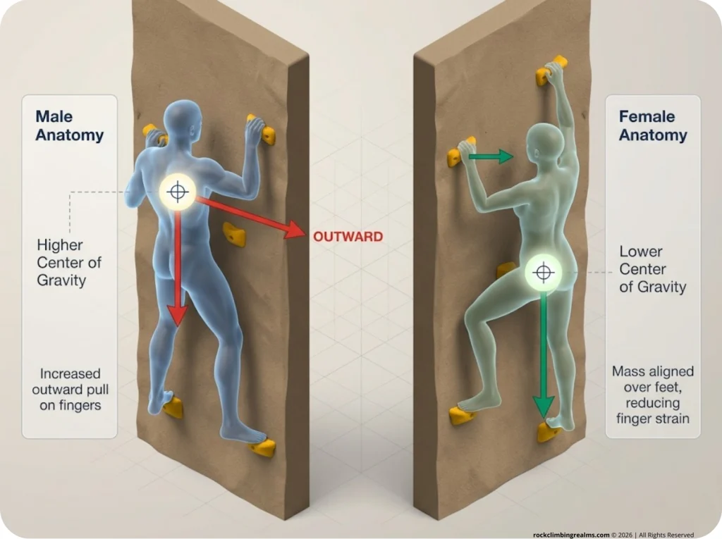 Infographic illustrating how lower center of gravity in female climbers reduces outward force on finger holds during vertical climbing