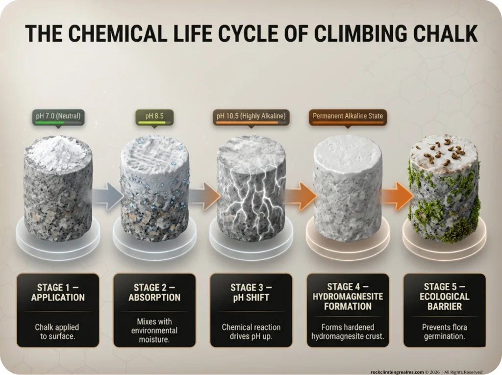 Infographic showing the chemical life cycle of climbing chalk from application to hydromagnesite crust with pH scale callouts