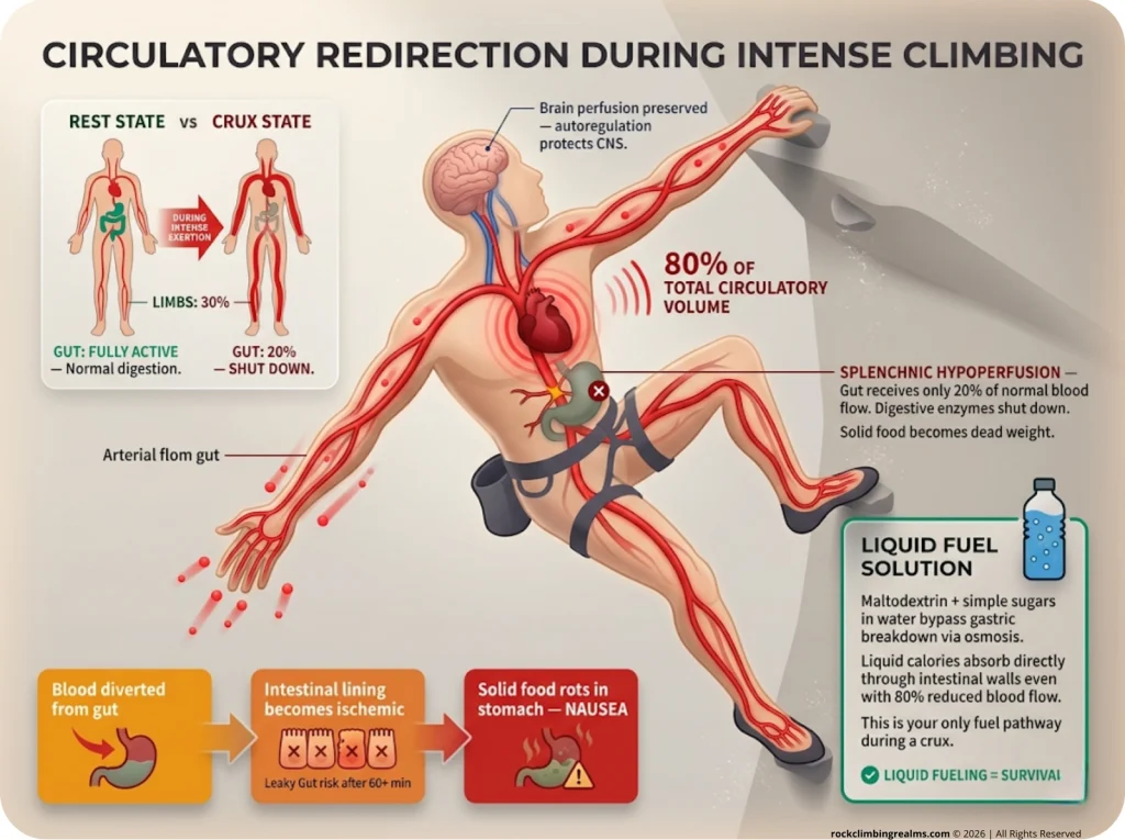 Infographic showing circulation redirection during intense climbing with 80% blood flow to limbs and digestive system shutdown