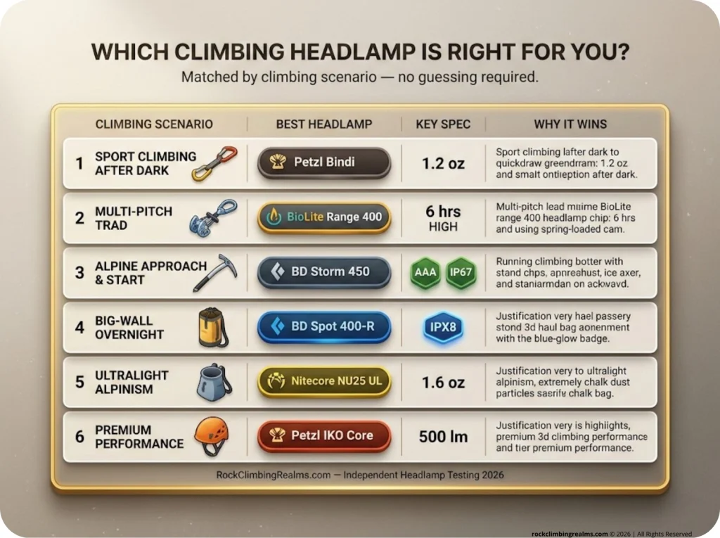 Infographic matrix showing 6 climbing scenarios mapped to best headlamp picks with one-sentence justifications and key specs
