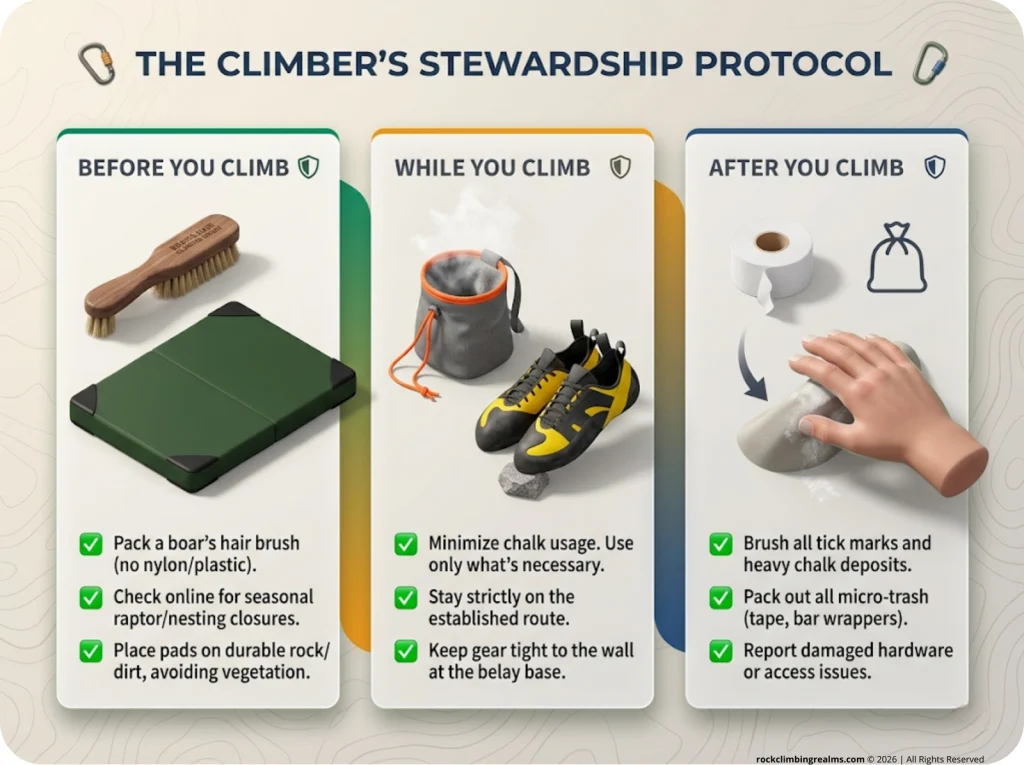 Infographic showing a climber's stewardship checklist with steps for before, during, and after climbing to minimize environmental impact