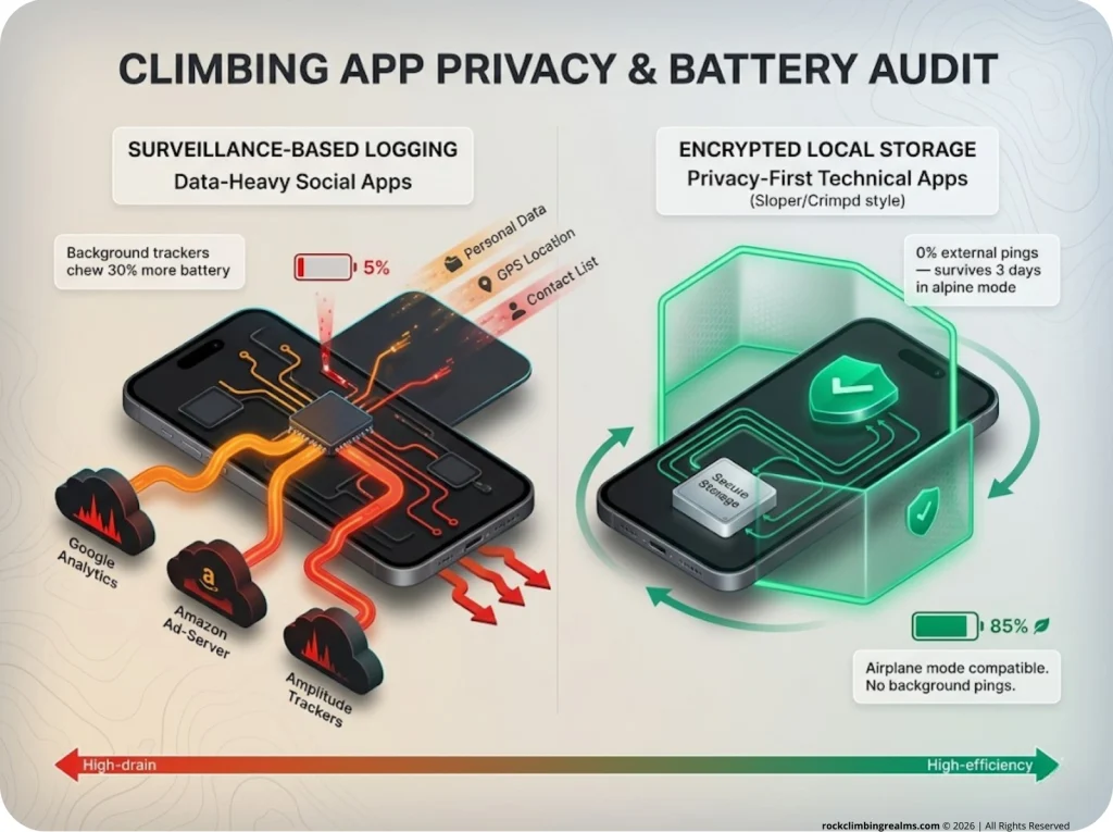 Infographic comparing privacy and battery efficiency of climbing apps, showing data leaks vs encrypted secure tracking.