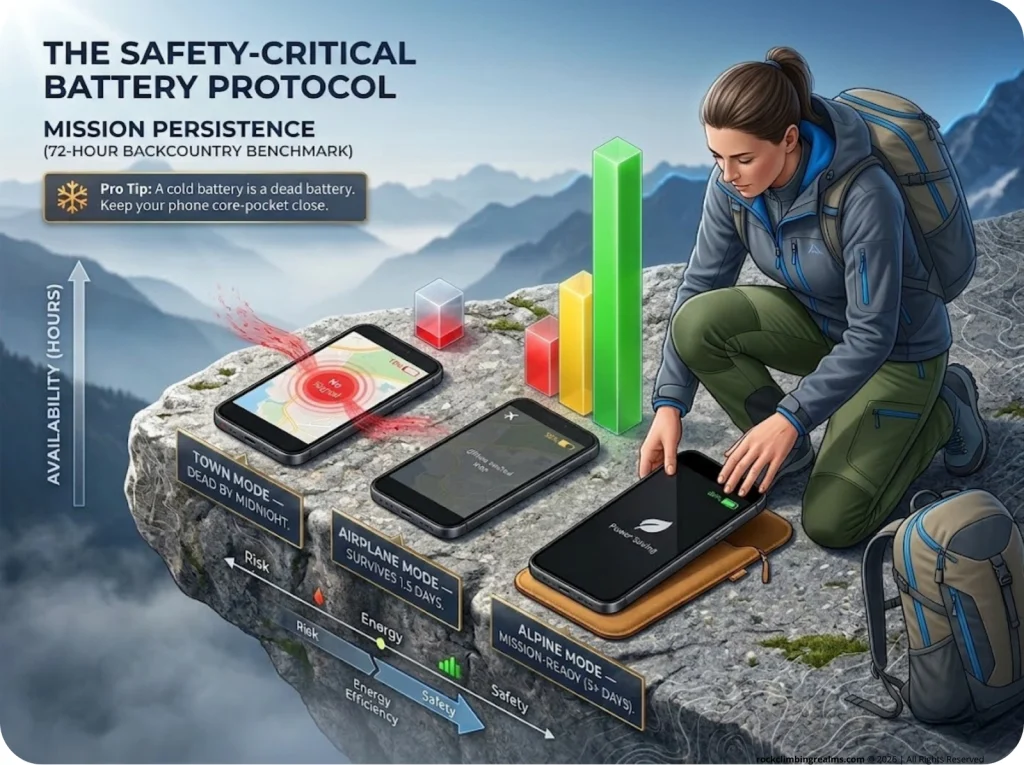 Infographic comparing phone battery life in Town Mode, Airplane Mode, and Alpine Mode during a 3-day backcountry trip.