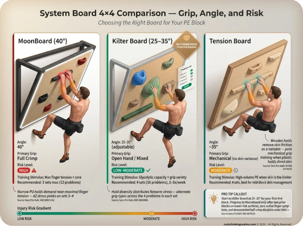 Infographic comparing MoonBoard, Kilter Board, and Tension Board for 4x4 training with grip types and risk levels