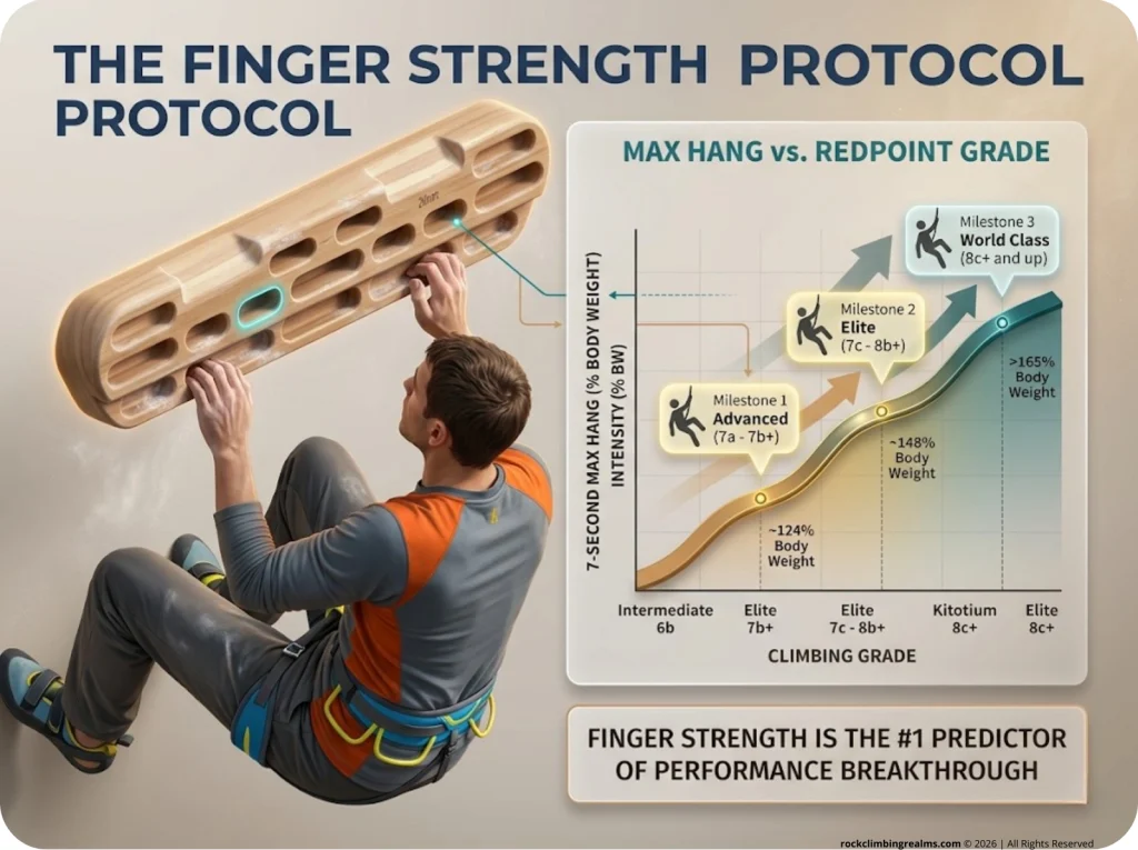 Infographic showing the correlation between 7-second max hang finger strength and climbing grade progression.