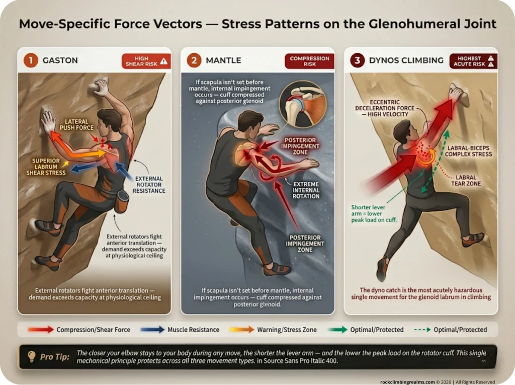 Infographic showing force vectors on the glenohumeral joint during Gaston, Mantle, and Dyno Catch climbing moves with stress labels