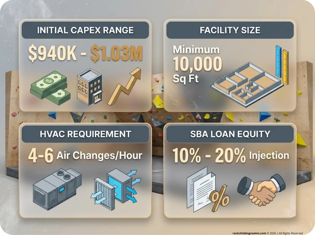 Infographic showing climbing gym business metrics with CapEx range, square footage, HVAC requirements, and SBA loan equity data
