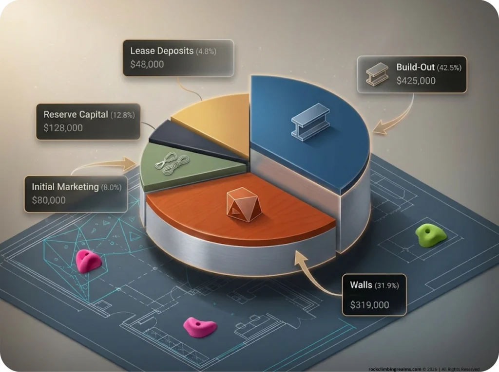 Infographic showing climbing gym CapEx budget breakdown with build-out, walls, gear, and safety mat percentages
