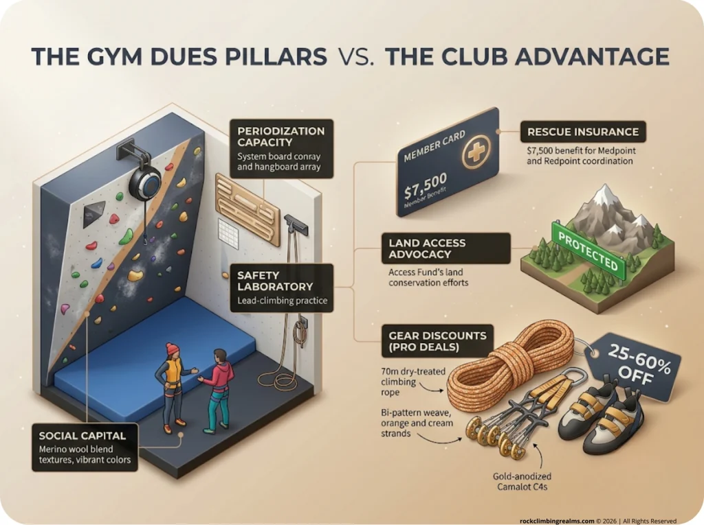 Infographic comparing climbing gym membership value with club membership benefits like insurance, advocacy, and discounts