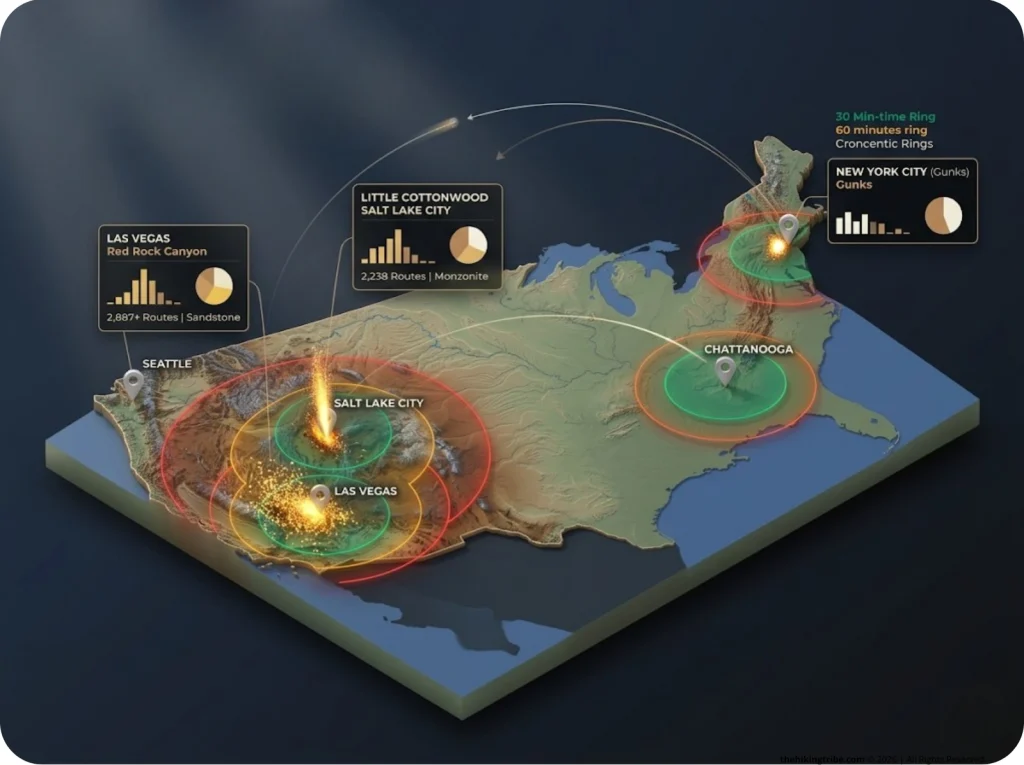 Topographic map showing drive-time rings radiating from metro centers to climbing areas plotted as density heat maps