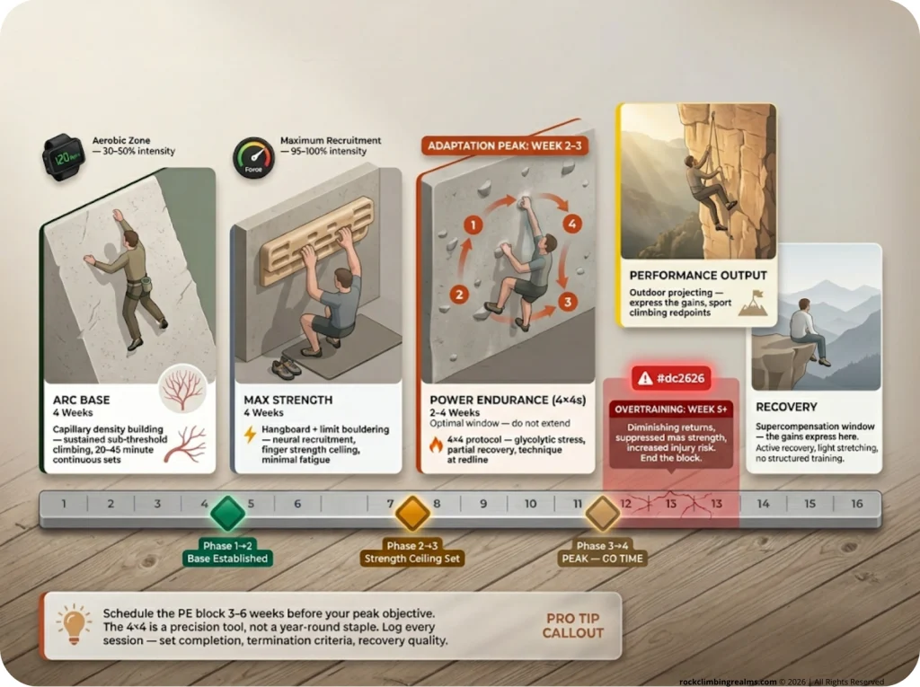Infographic showing 16-week climbing training periodization with ARC, strength, PE, and performance phases annotated
