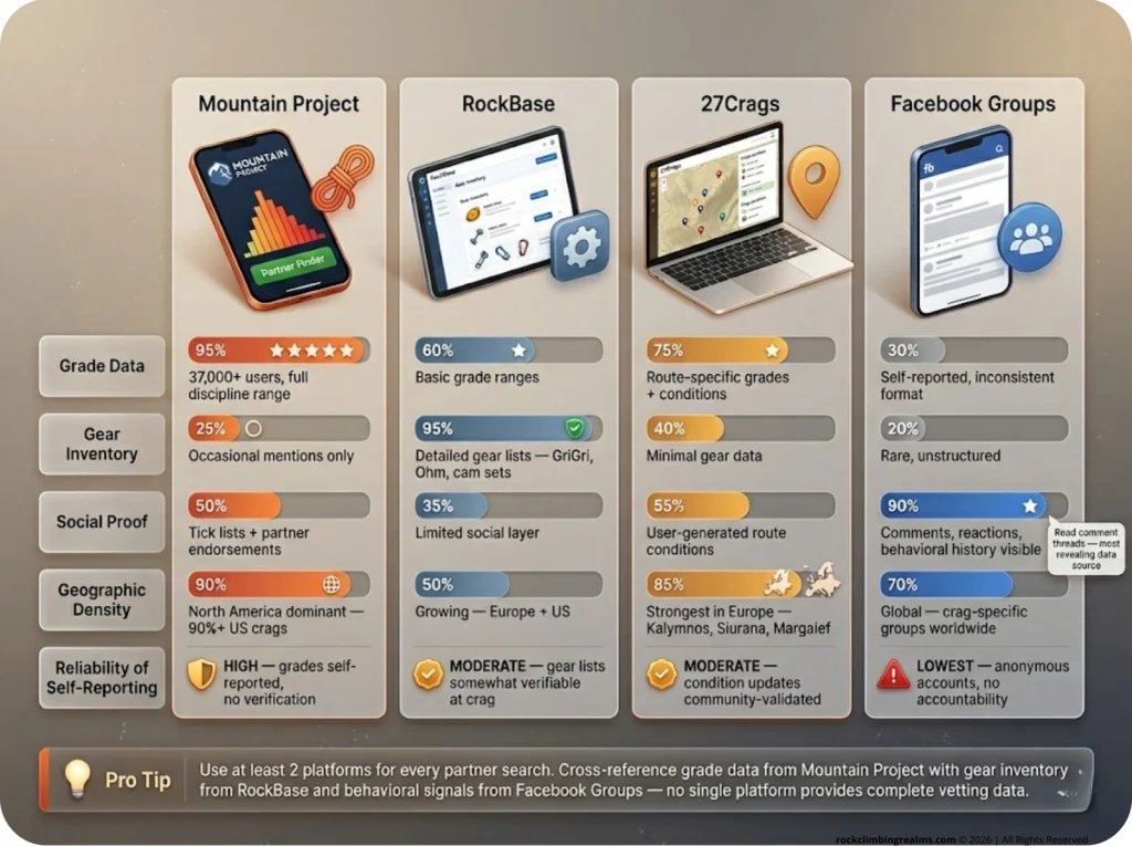 Infographic comparing Mountain Project, RockBase, 27Crags, and Facebook Groups for vetting climbing partners by capability category