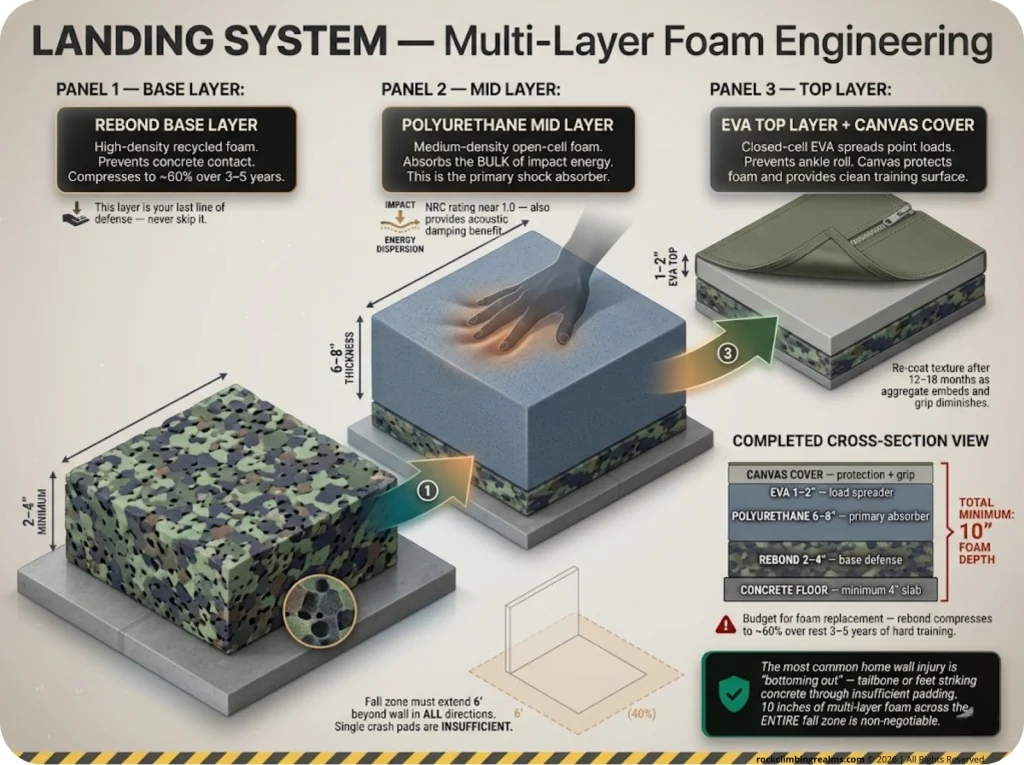 Infographic showing 3-layer foam landing system assembly for climbing walls with base, mid, and top layer specifications and 10-inch minimum depth