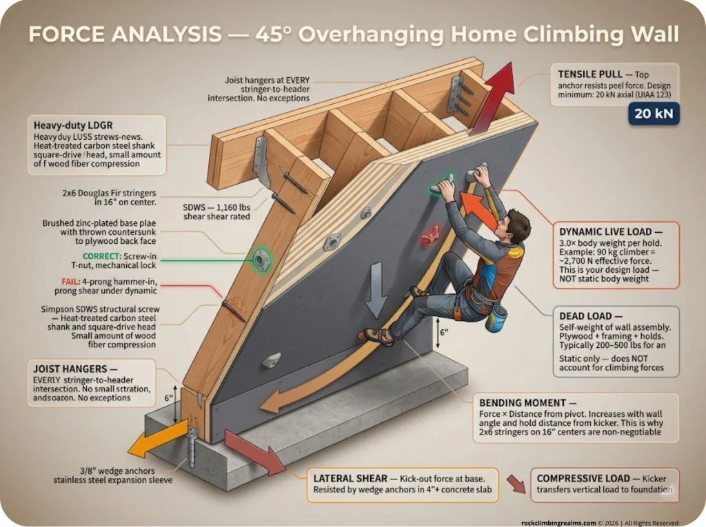 Infographic showing force vectors on a 45° overhanging climbing wall cross-section with dead load, dynamic load, bending moment, and anchor tension labels