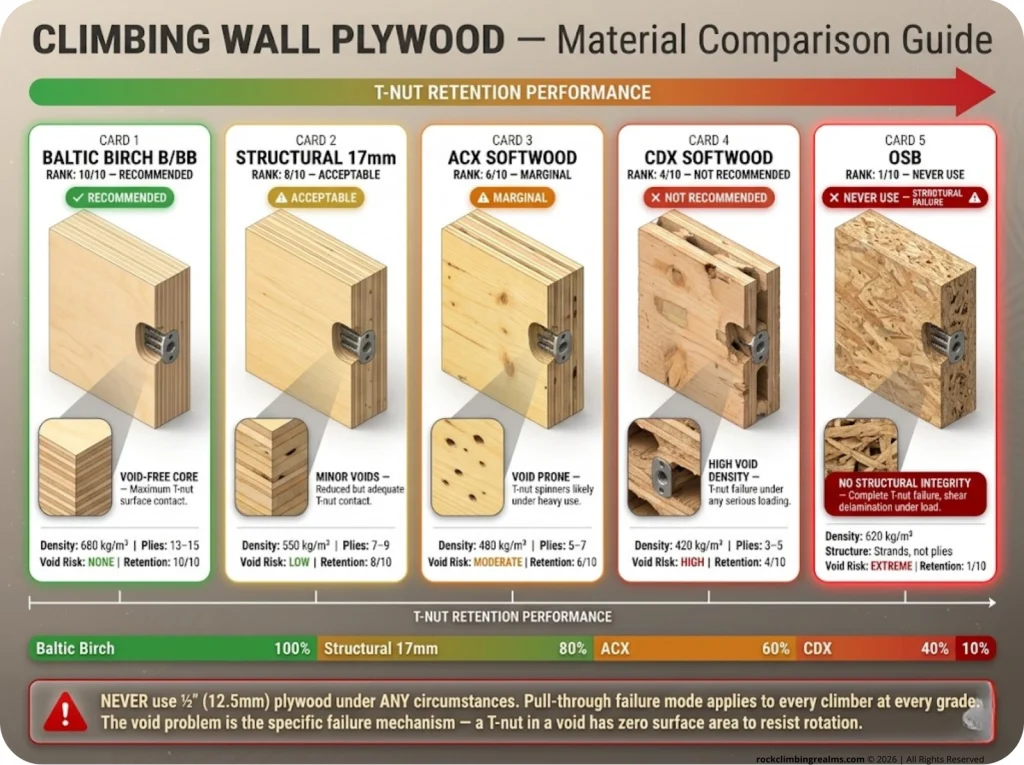 Infographic comparing 5 plywood types for climbing walls with density, ply count, void resistance, T-nut retention scores, and cross-section views