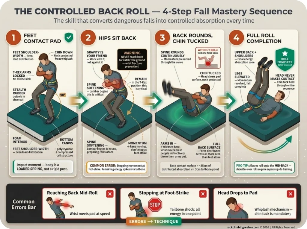 Infographic showing 4-step controlled back roll sequence for bouldering falls with correct form checkmarks and common error warnings
