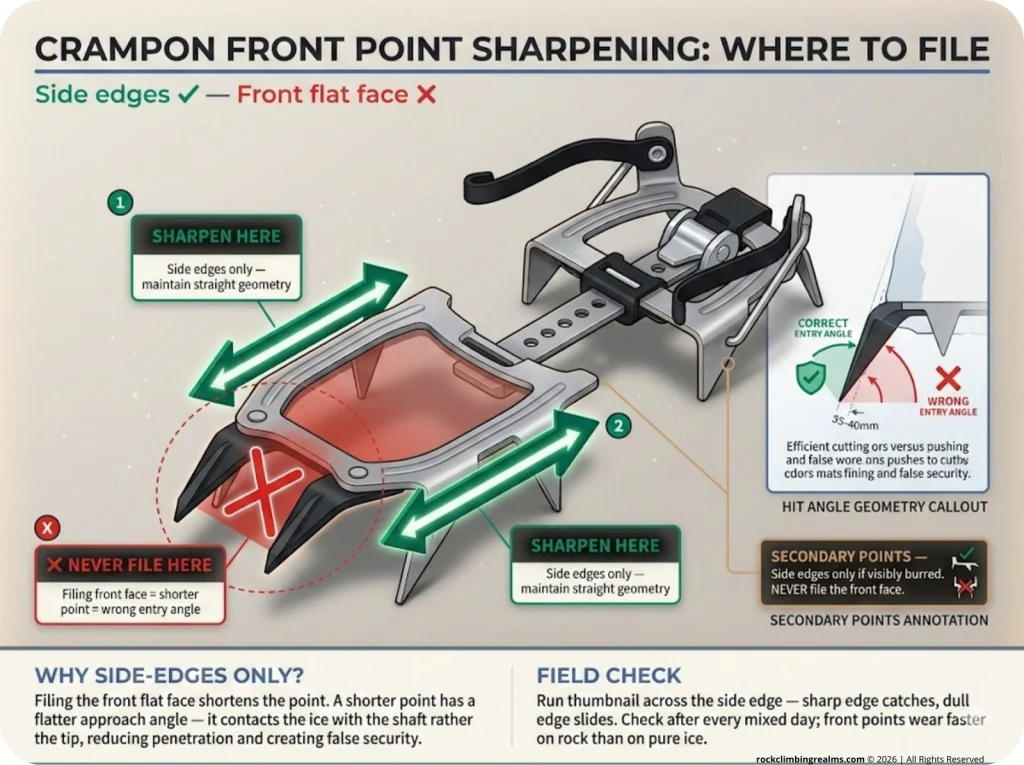 Infographic showing crampon front point sharpening zones with green arrows on side edges, red X on flat front face, and hit angle geometry callout