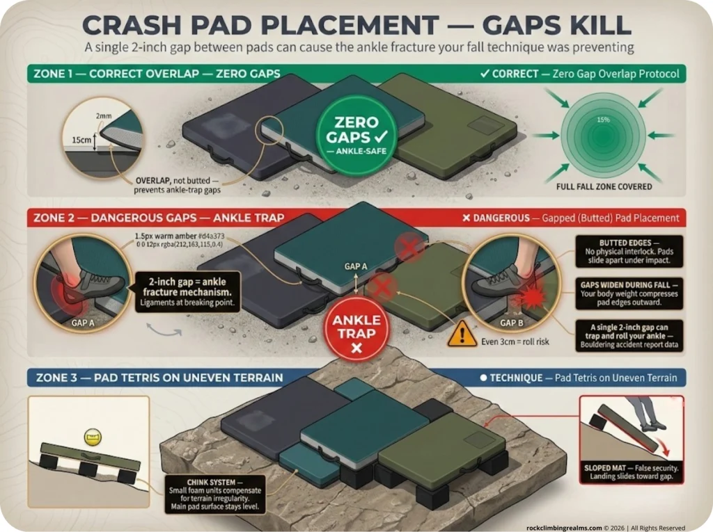 Infographic top-down view of correct overlapping crash pad layout versus gapped pads, with ankle trap inset and Pad Tetris method on uneven terrain