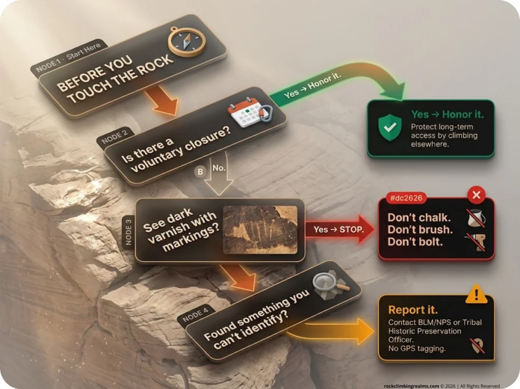 Infographic showing a cultural sensitivity decision tree for climbers with clear ethical choices and stewardship actions