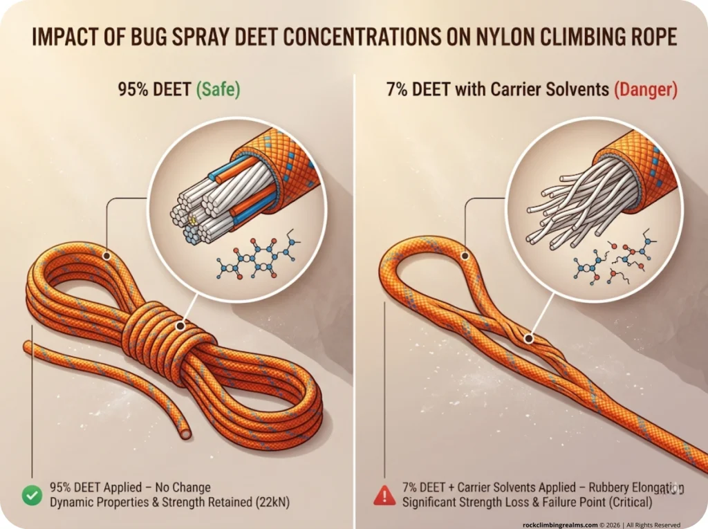 Infographic comparing 95% DEET versus 7% DEET effects on nylon climbing rope fibers with breaking strength markers