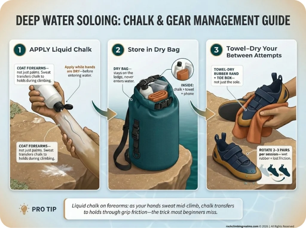 Infographic showing 3-step DWS gear prep: applying liquid chalk to forearms, storing in dry bag, and towel-drying shoes between attempts